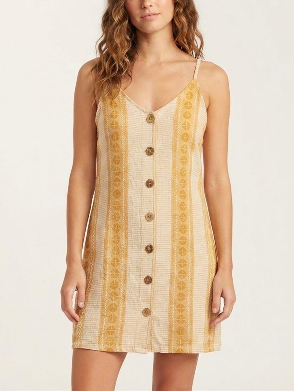 Sz S Rip Curl 100% Cotton Alma Striped Embroidered Mini Dress Beige Yellow